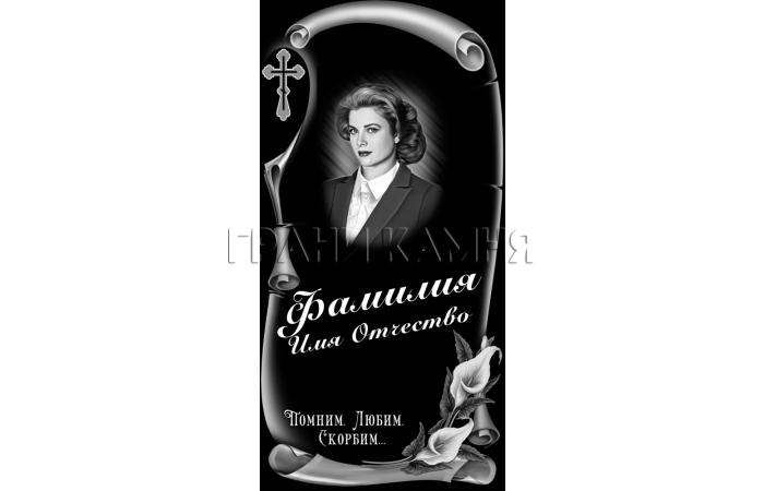 Вертикальный гранитный памятник с цветами и крестом №9