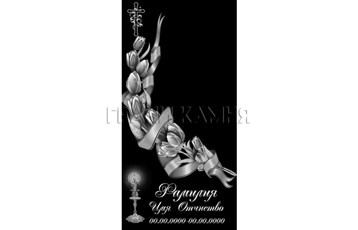 Вертикальный гранитный памятник с тюльпанами и свечой №18