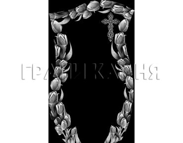 Вертикальный гранитный памятник с цветами и крестом №22