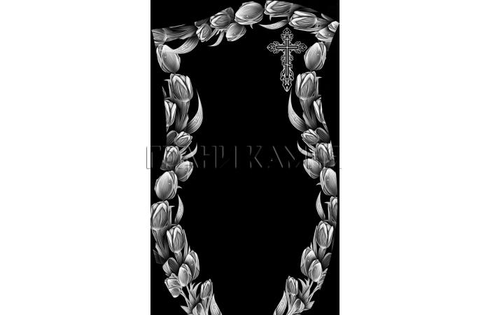 Вертикальный гранитный памятник с цветами и крестом №22