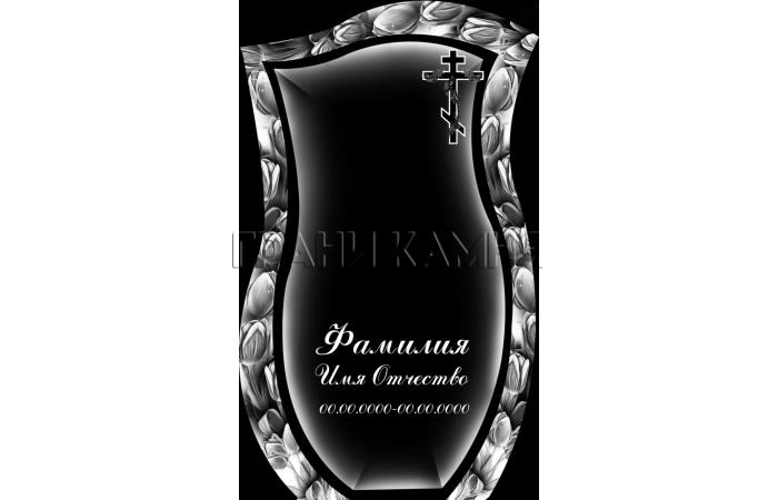 Вертикальный гранитный памятник с цветами и крестом №30