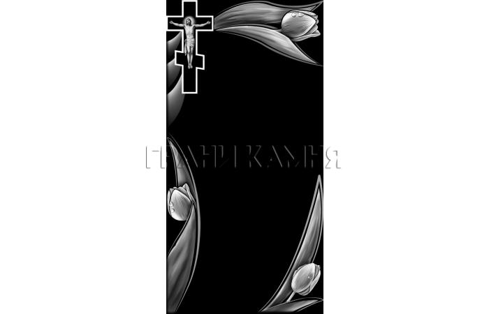 Вертикальный гранитный памятник с тюльпанами и крестом №40