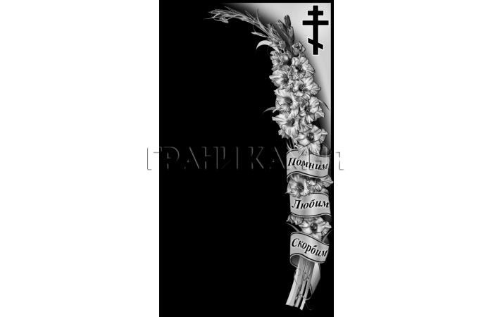 Вертикальный гранитный памятник с гладиолусами и крестом №41