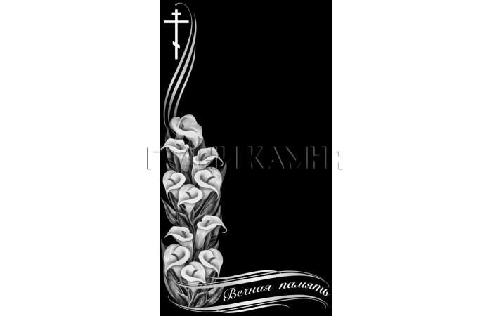 Вертикальный гранитный памятник с цветами и крестом №53