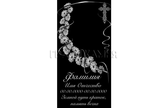 Вертикальный гранитный памятник с цветами и крестом №54