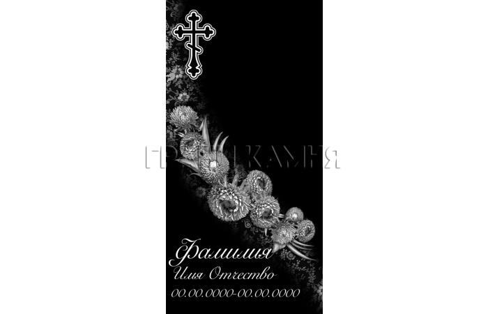 Вертикальный гранитный памятник с хризантемами и крестом №97