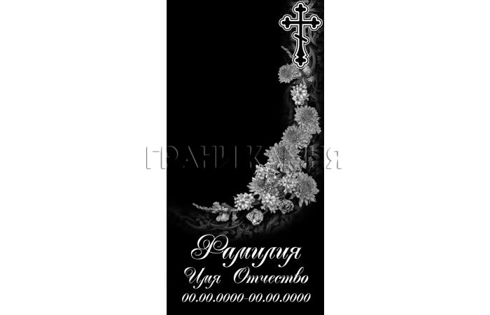 Вертикальный гранитный памятник с пионами и крестом №103