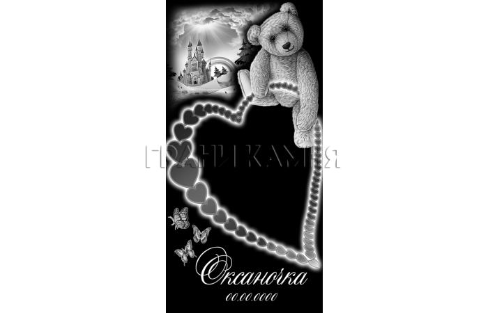 Вертикальный гранитный памятник с мишкой и замком №184