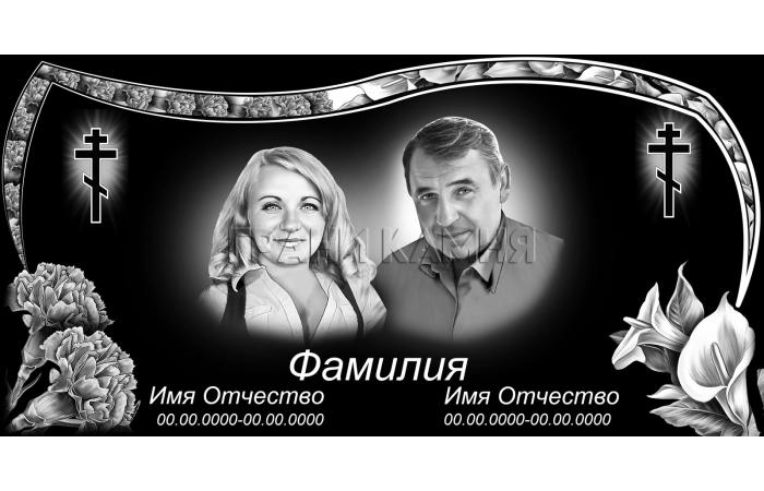 Горизонтальный гранитный памятник с крестом и цветами №4