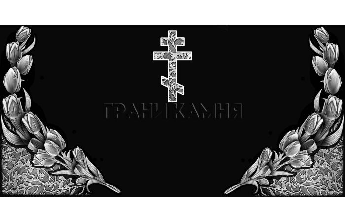 Горизонтальный гранитный памятник с крестом и тюльпанами №14