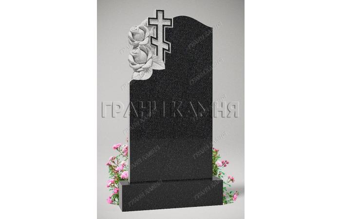 Вертикальный гранитный памятник резной с крестом и цветами № 238/10