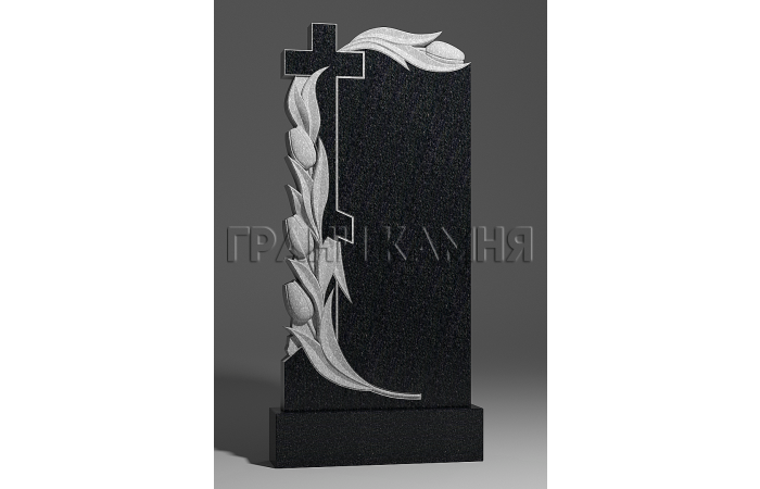 Вертикальный гранитный памятник резной с крестом и цветами № 272/10