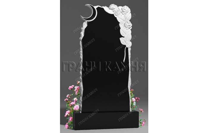Вертикальный гранитный памятник резной с полумесяцем и цветами № 285/10